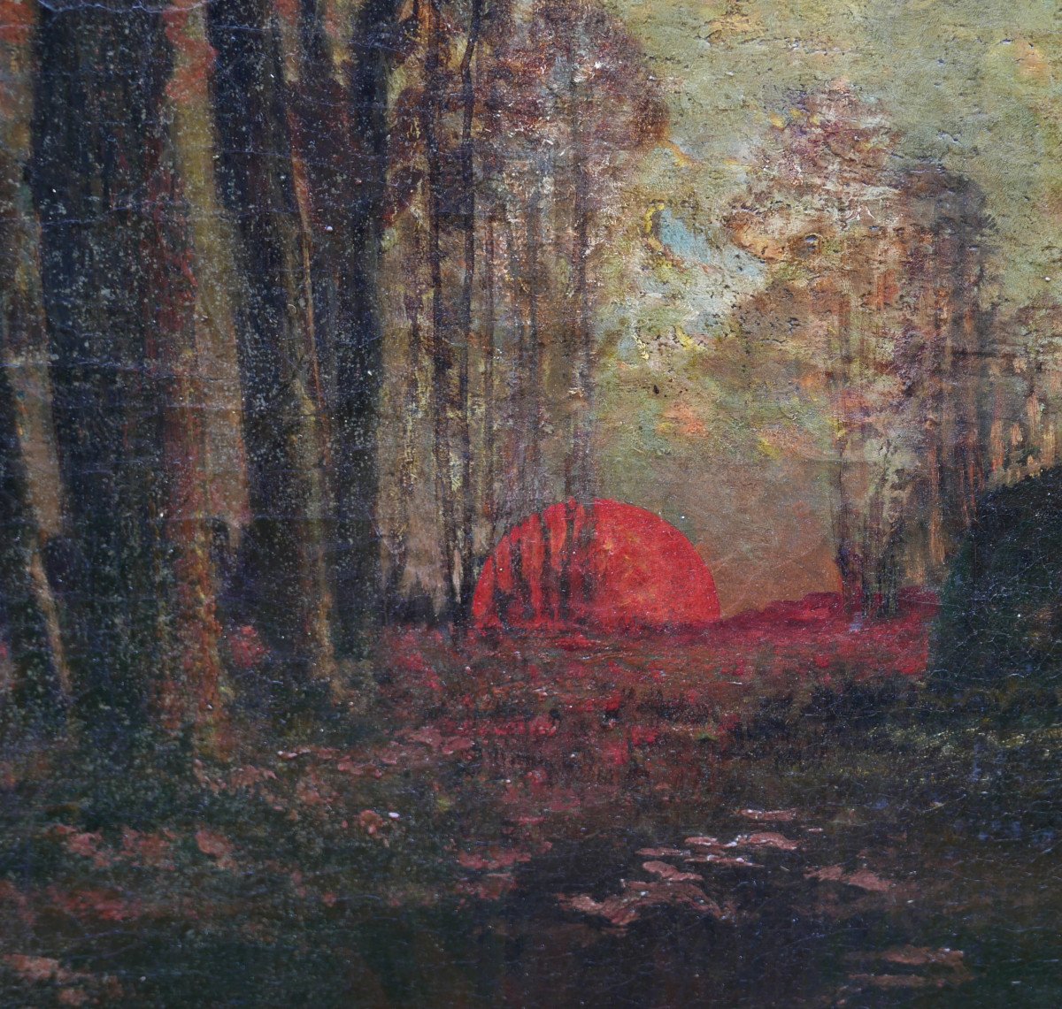 Forest Landscape Painting Twilight Oil/canvas 19th Century-photo-2