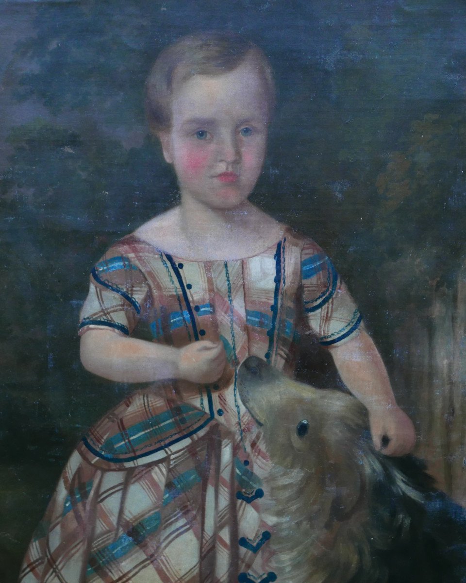Portrait Of A Young Girl With A Dog Louis Philippe Period Oil/canvas 19th Century-photo-5