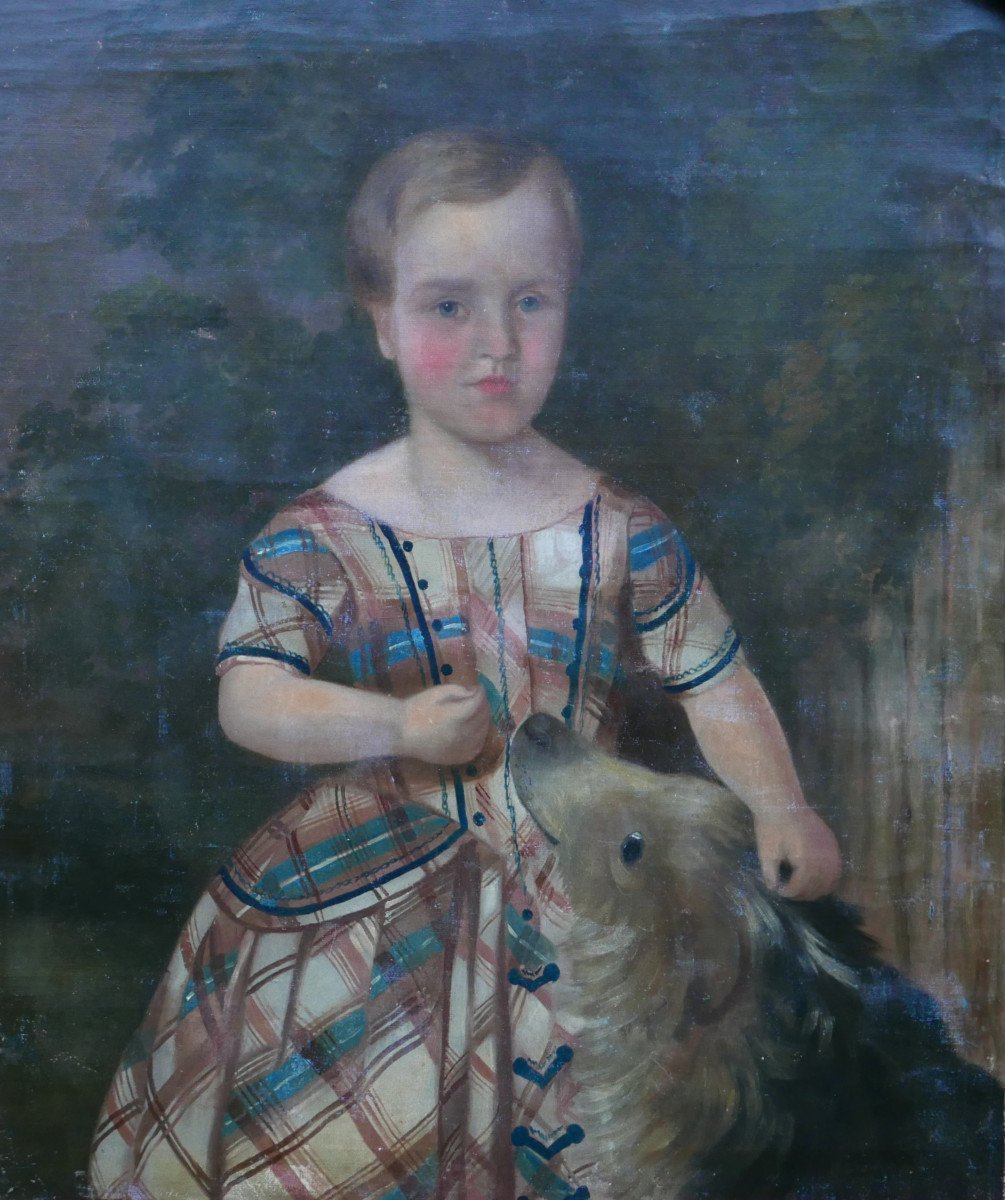 Portrait Of A Young Girl With A Dog Louis Philippe Period Oil/canvas 19th Century