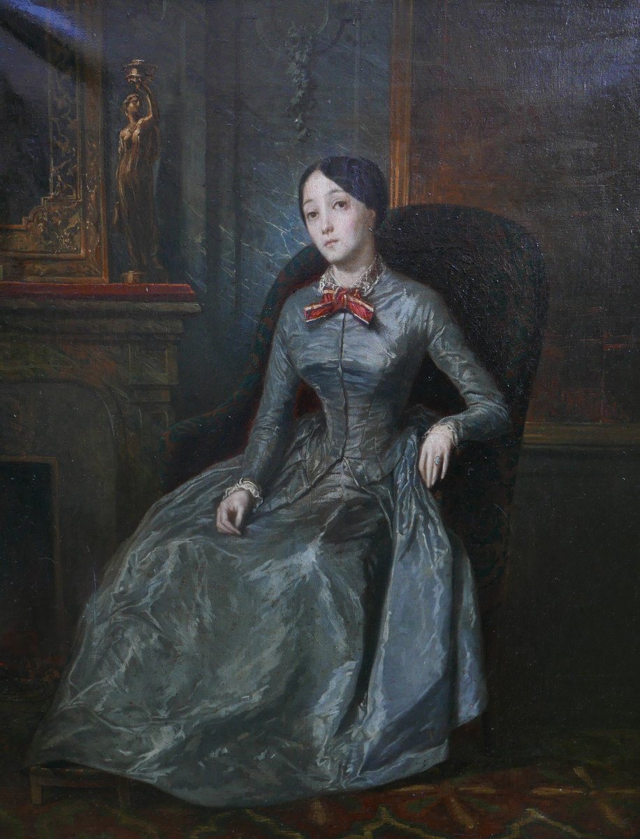 Portrait d'Une Jeune Femme Epoque Louis Philippe Huile/toile Du XIXème Siècle-photo-1
