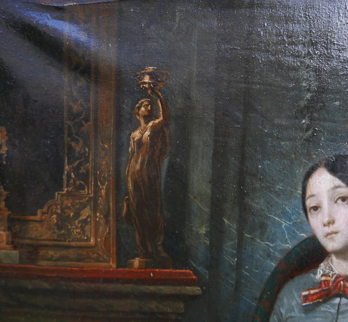 Portrait d'Une Jeune Femme Epoque Louis Philippe Huile/toile Du XIXème Siècle-photo-5