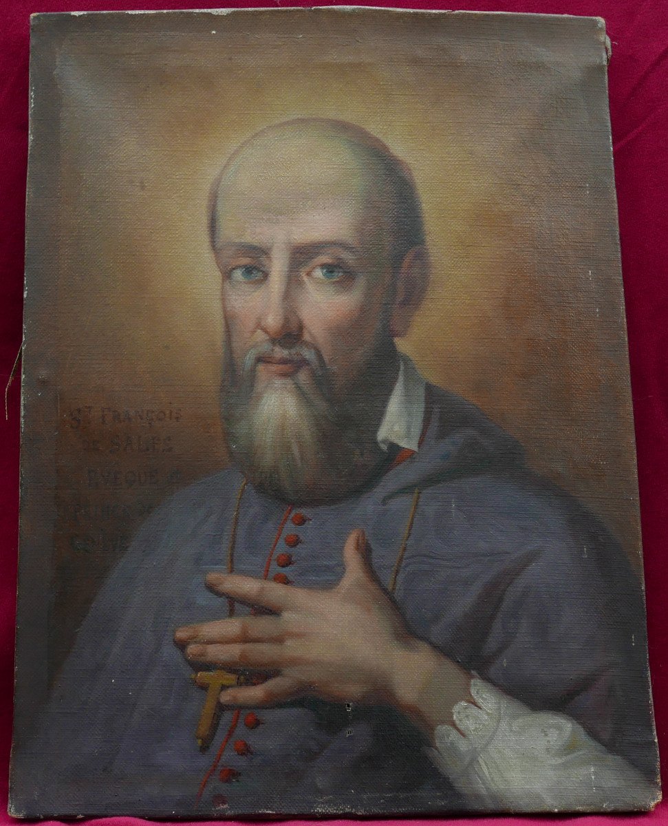Tableau Portrait d'Homme Saint François De Sales Huile/toile Du XIXème Siècle-photo-2