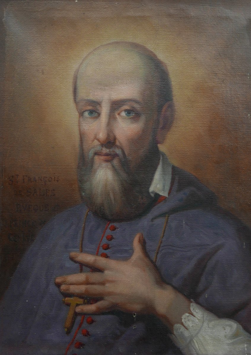 Tableau Portrait d'Homme Saint François De Sales Huile/toile Du XIXème Siècle-photo-4