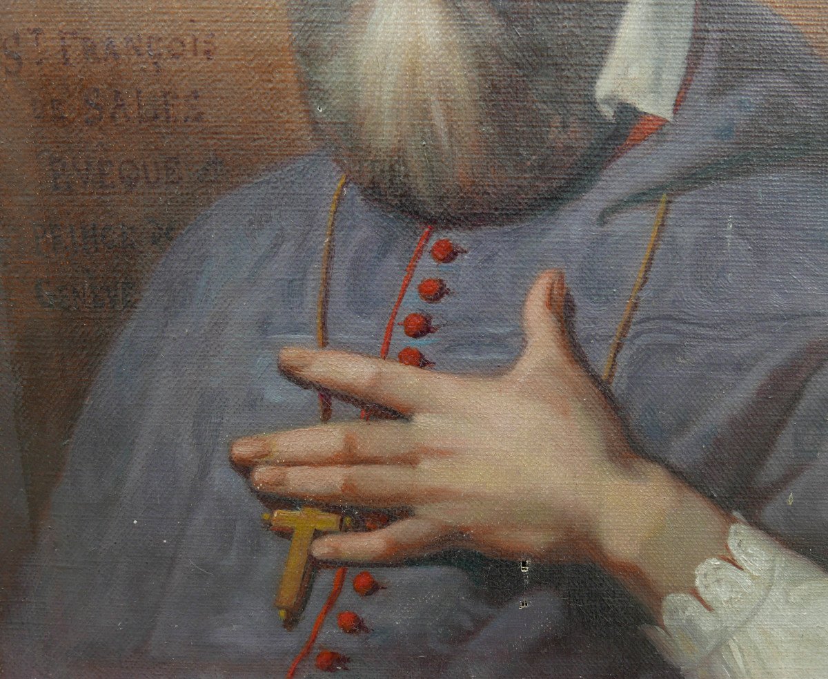 Tableau Portrait d'Homme Saint François De Sales Huile/toile Du XIXème Siècle-photo-2