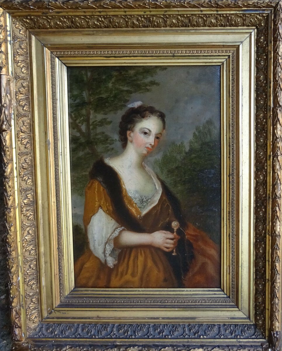 Portrait Of A Young Woman With A Cup And Ball, Oil/panel, 18th Century-photo-3