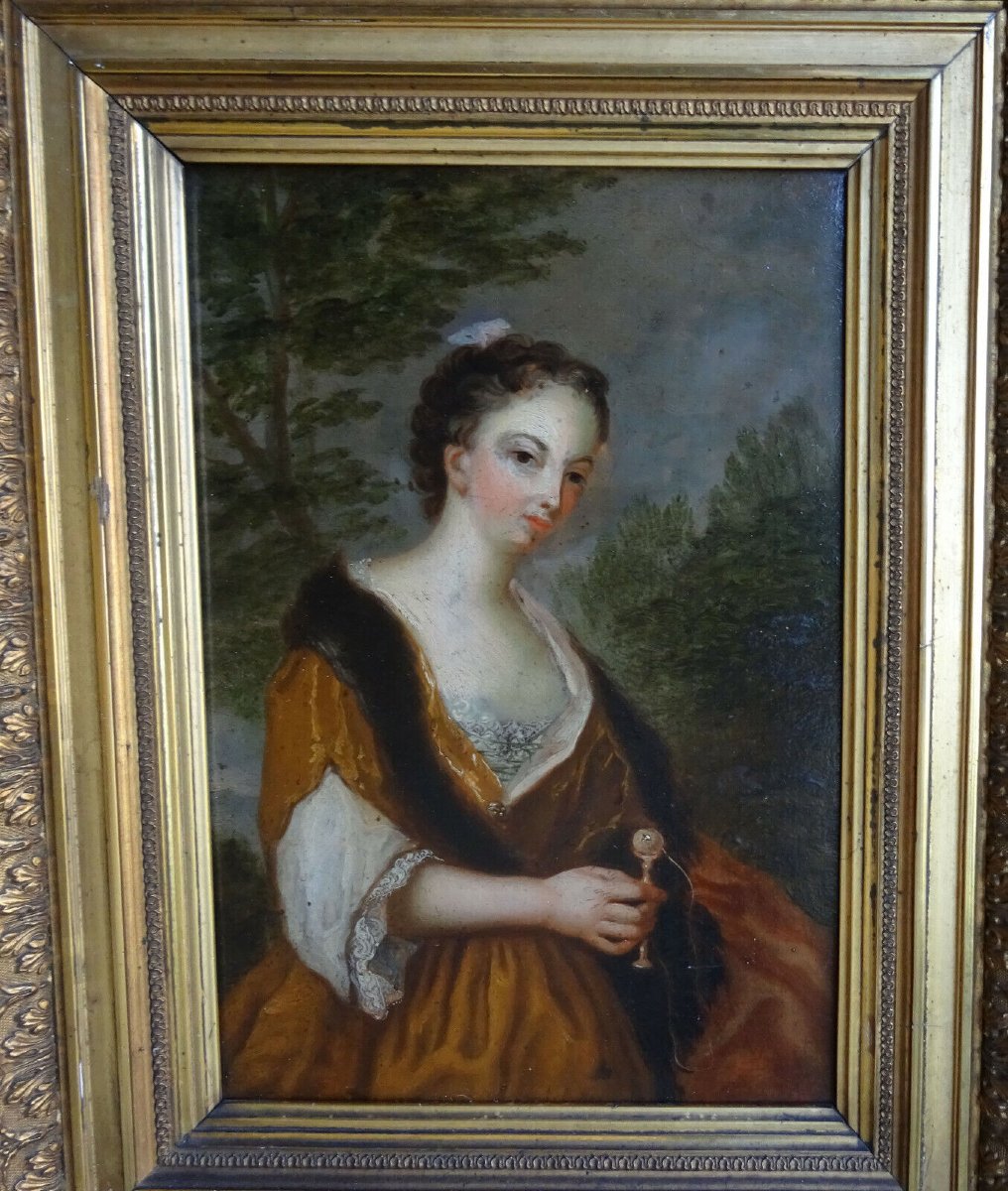 Portrait Of A Young Woman With A Cup And Ball, Oil/panel, 18th Century-photo-4