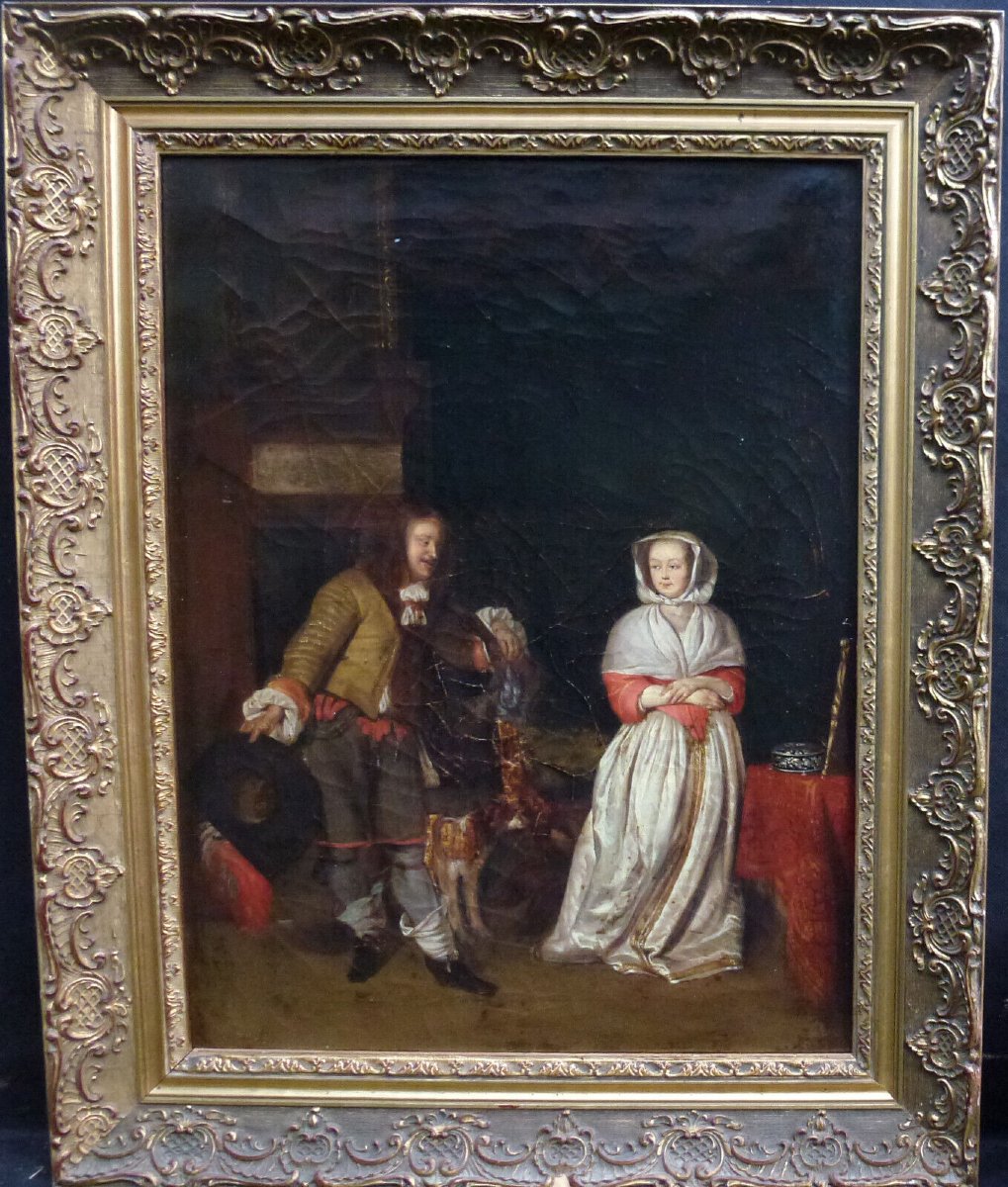 Scène De Genre Retour De Chasse d'Après Metsu Huile/toile XIXème Siècle-photo-2