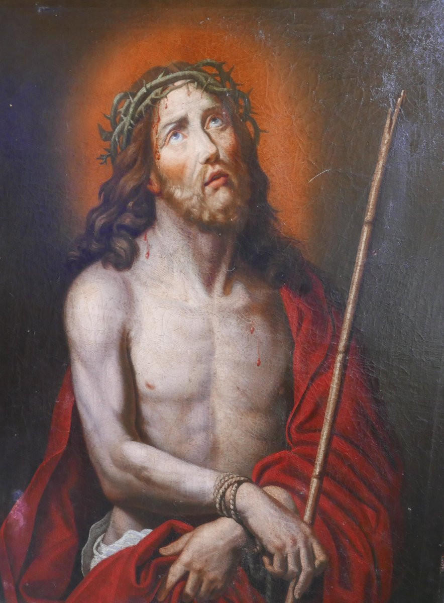 Large Portrait Of Jesus Christ After Mignard Oil/canvas 19th Century-photo-3