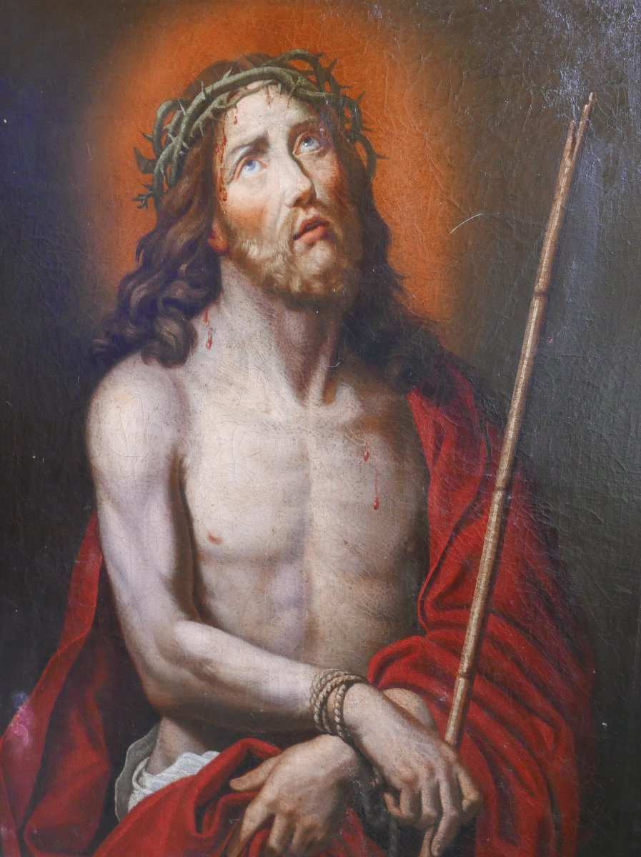 Large Portrait Of Jesus Christ After Mignard Oil/canvas 19th Century-photo-4