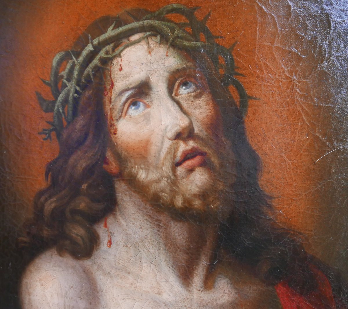 Large Portrait Of Jesus Christ After Mignard Oil/canvas 19th Century-photo-1