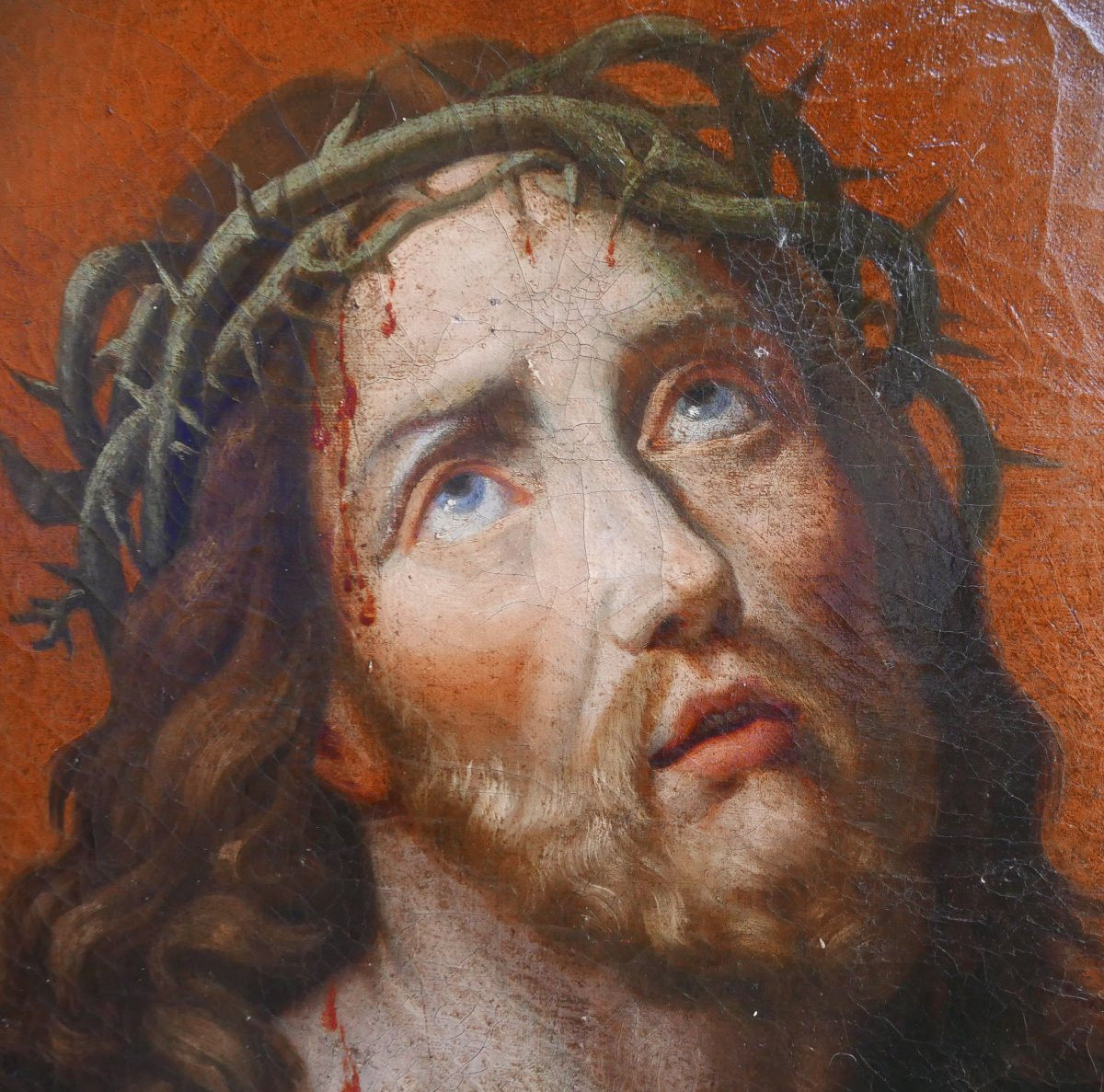Large Portrait Of Jesus Christ After Mignard Oil/canvas 19th Century-photo-2