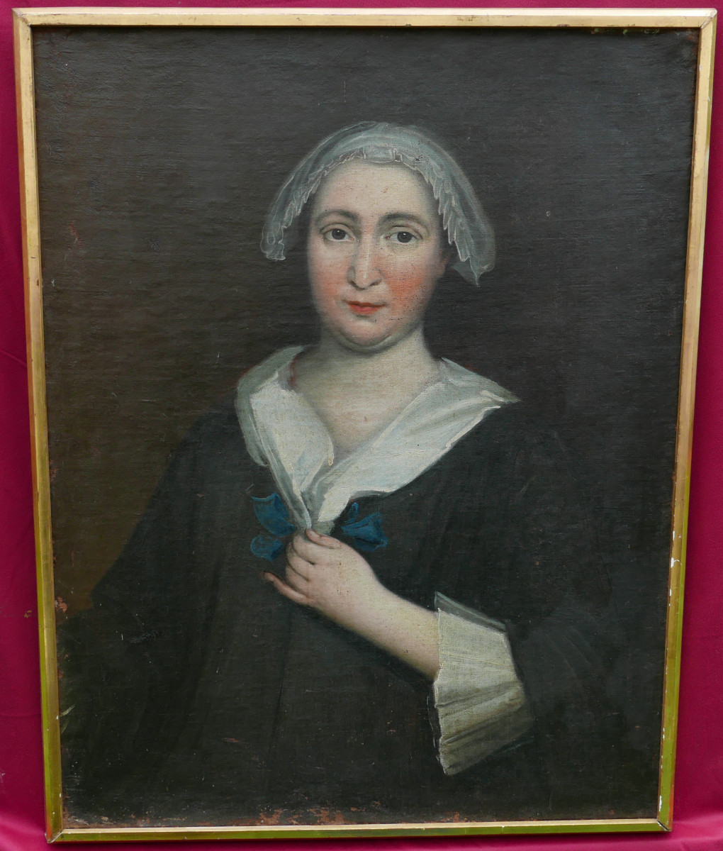 Portrait Of A Woman With A Headdress Louis XV Period Oil/canvas 18th Century