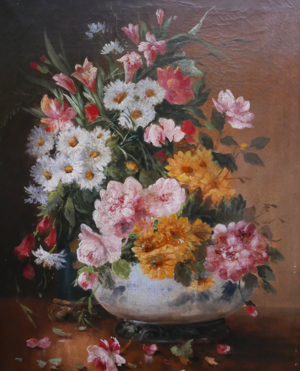 Still Life With Bouquet Of Flowers Oil/canvas Painting From The 19th Century-photo-7