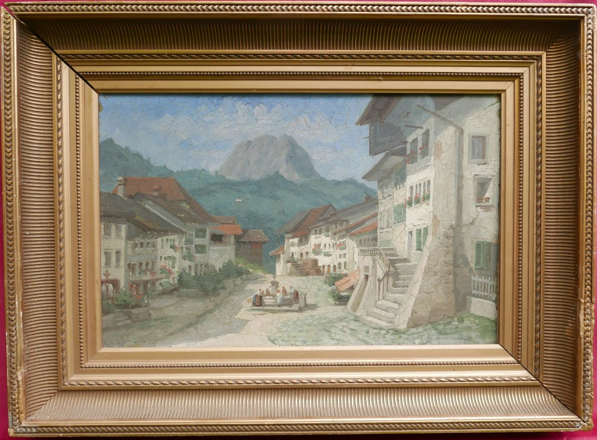 Landscape Village Square Oil/panel Late 19th Century-photo-2