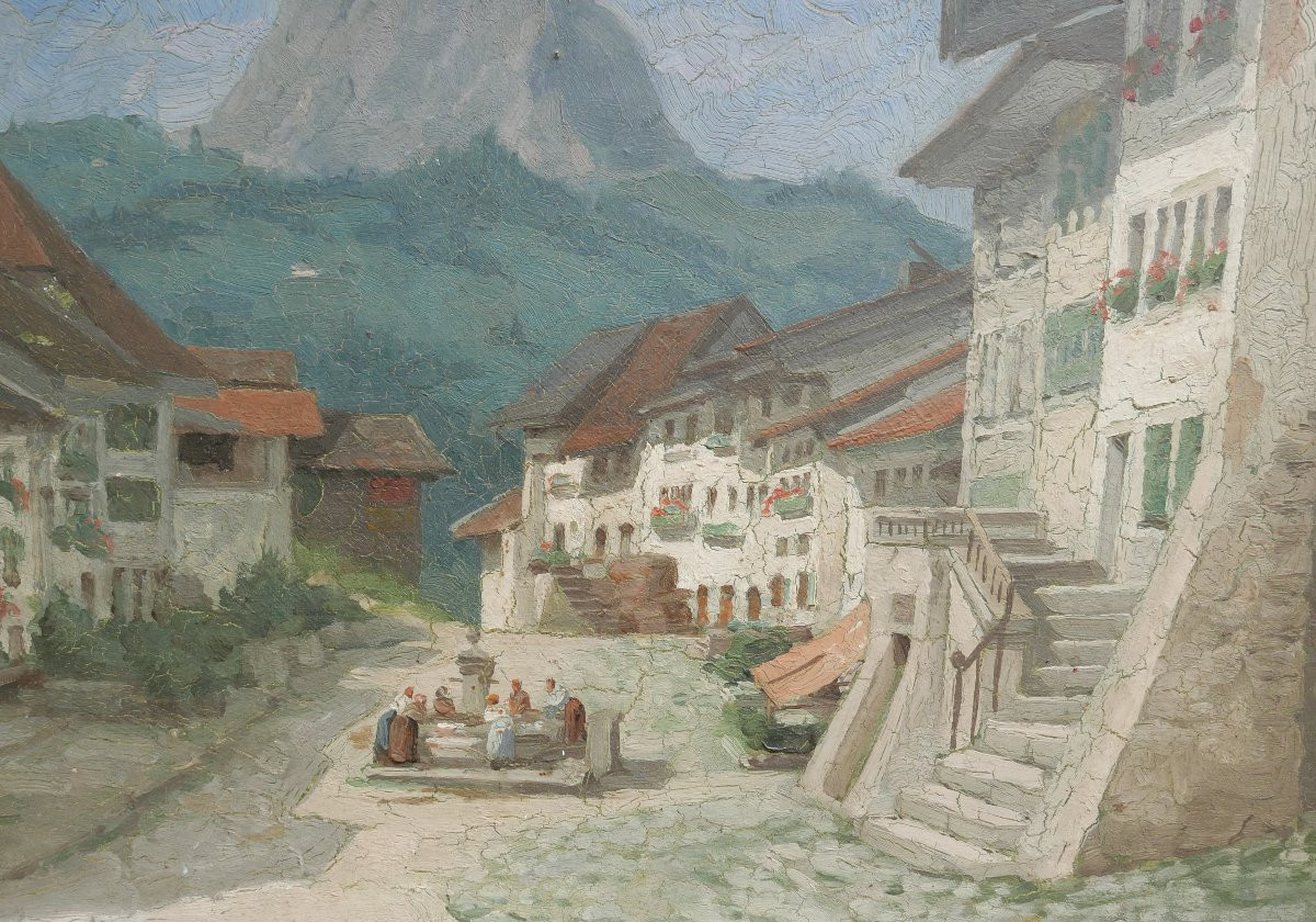 Landscape Village Square Oil/panel Late 19th Century-photo-2