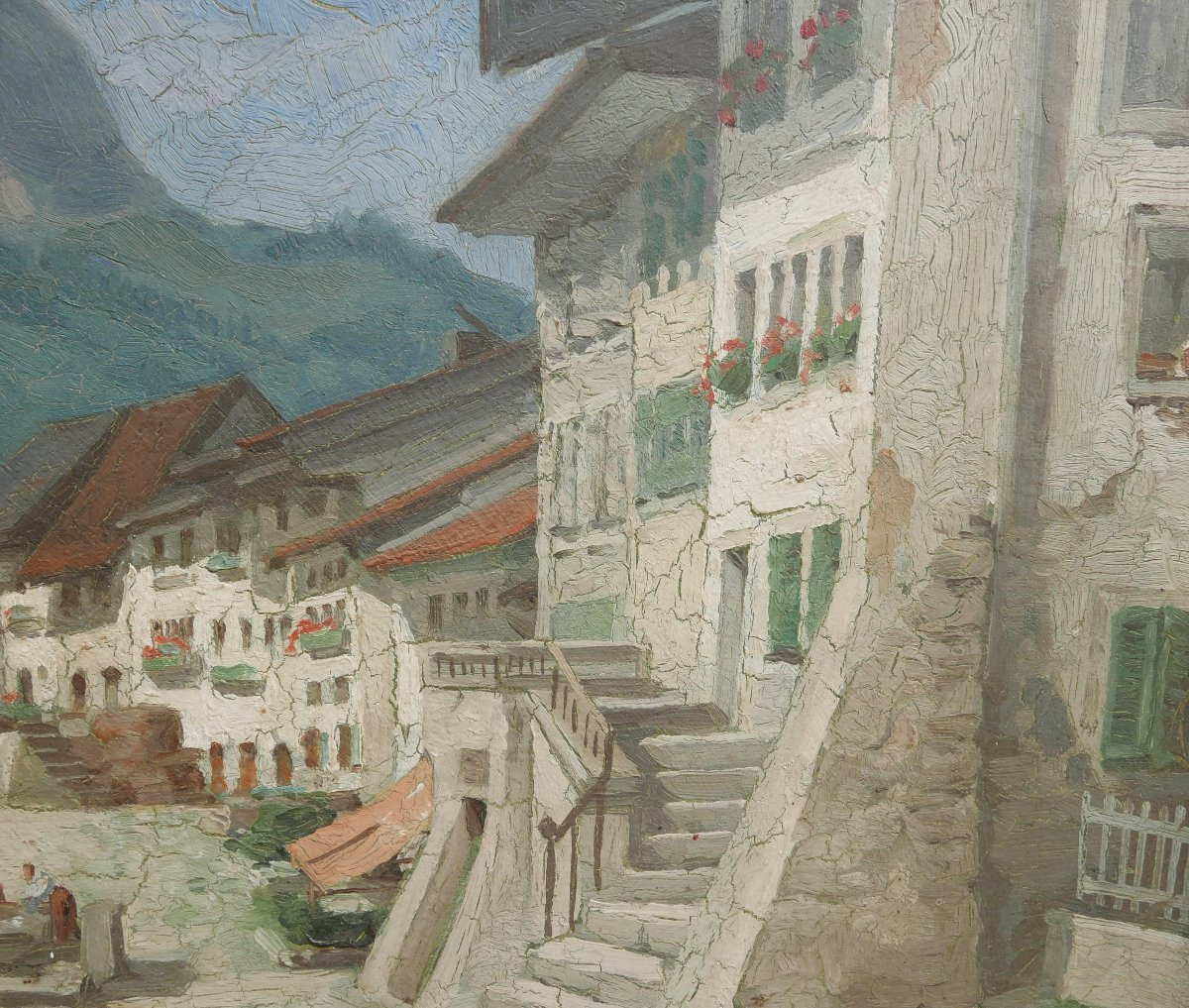 Landscape Village Square Oil/panel Late 19th Century-photo-3