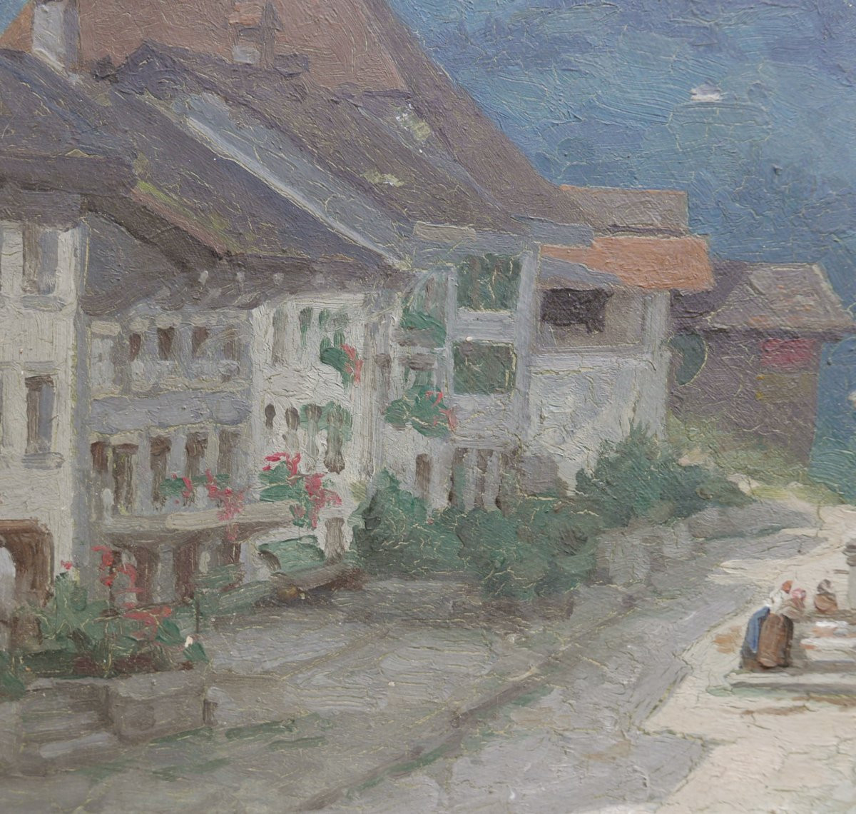 Landscape Village Square Oil/panel Late 19th Century-photo-5