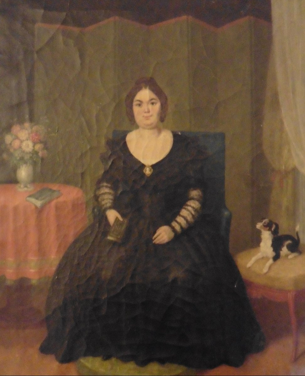 Portrait De Femme Au Chien Ecole Française Du XIXème Siècle Huile/toile-photo-1