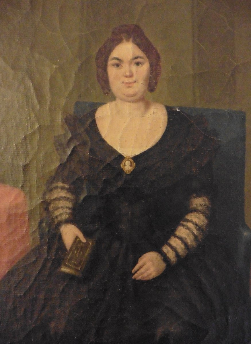 Portrait De Femme Au Chien Ecole Française Du XIXème Siècle Huile/toile-photo-3