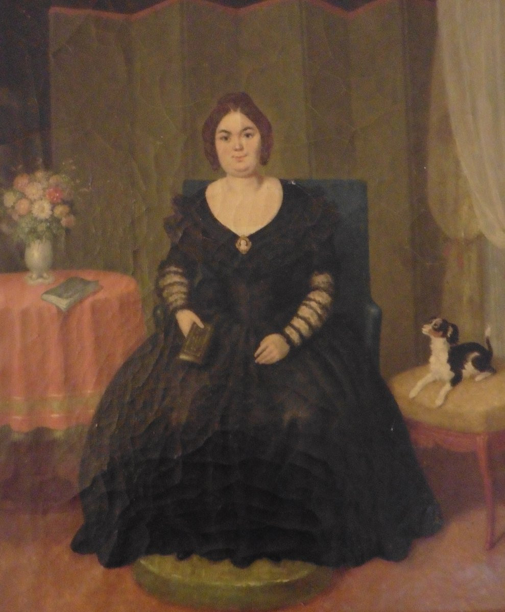 Portrait De Femme Au Chien Ecole Française Du XIXème Siècle Huile/toile-photo-6