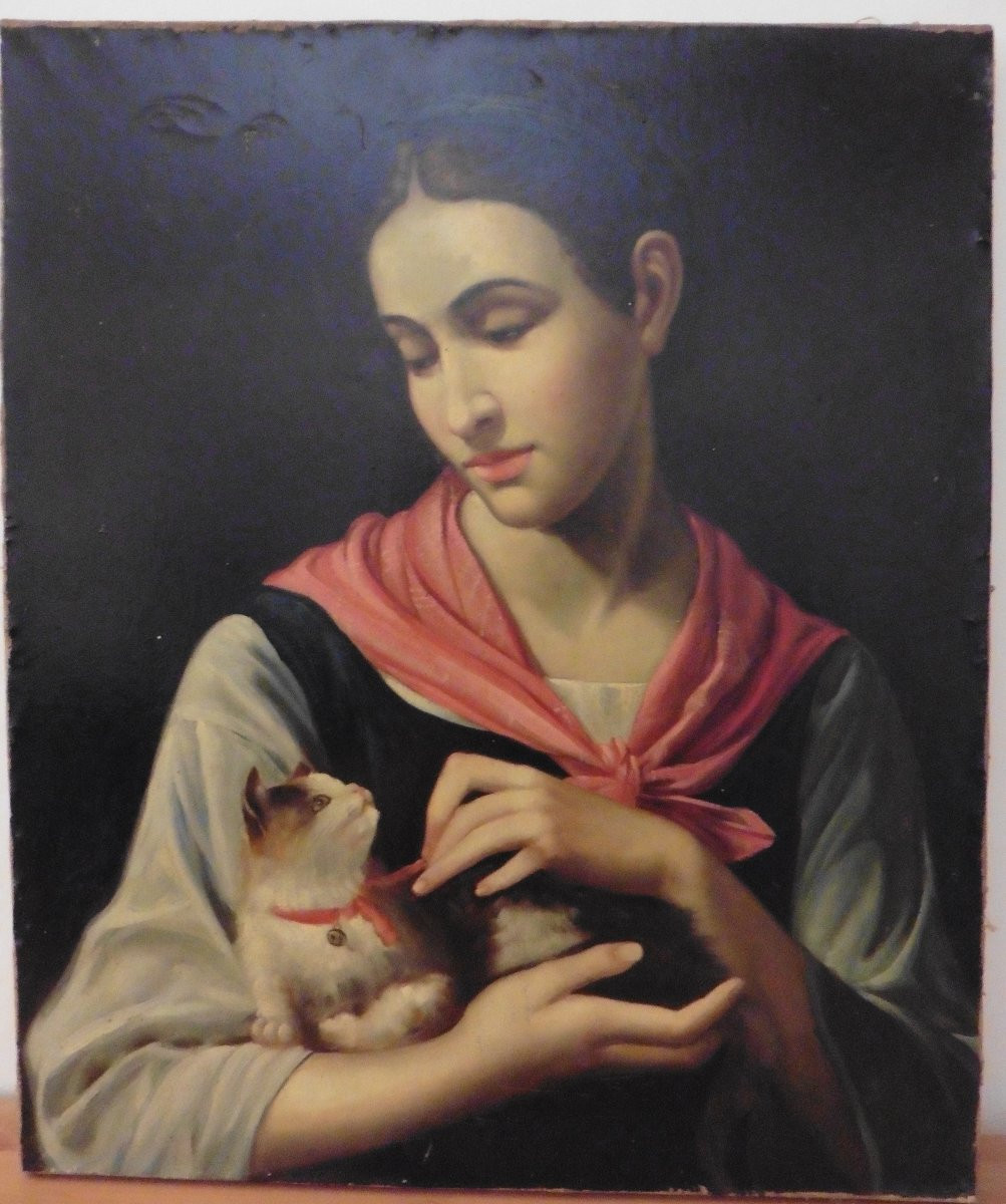Portrait De Jeune Femme Au Chat Huile Sur Toile Début XXème Siècle-photo-3