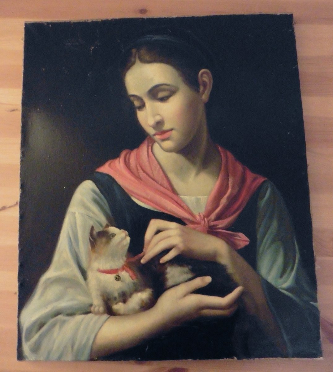 Portrait De Jeune Femme Au Chat Huile Sur Toile Début XXème Siècle-photo-4