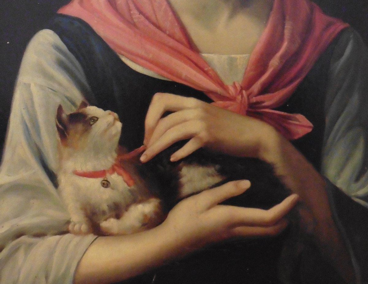 Portrait De Jeune Femme Au Chat Huile Sur Toile Début XXème Siècle-photo-1