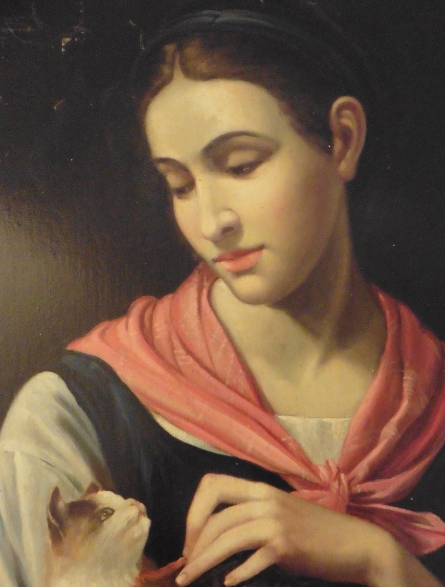 Portrait De Jeune Femme Au Chat Huile Sur Toile Début XXème Siècle-photo-4