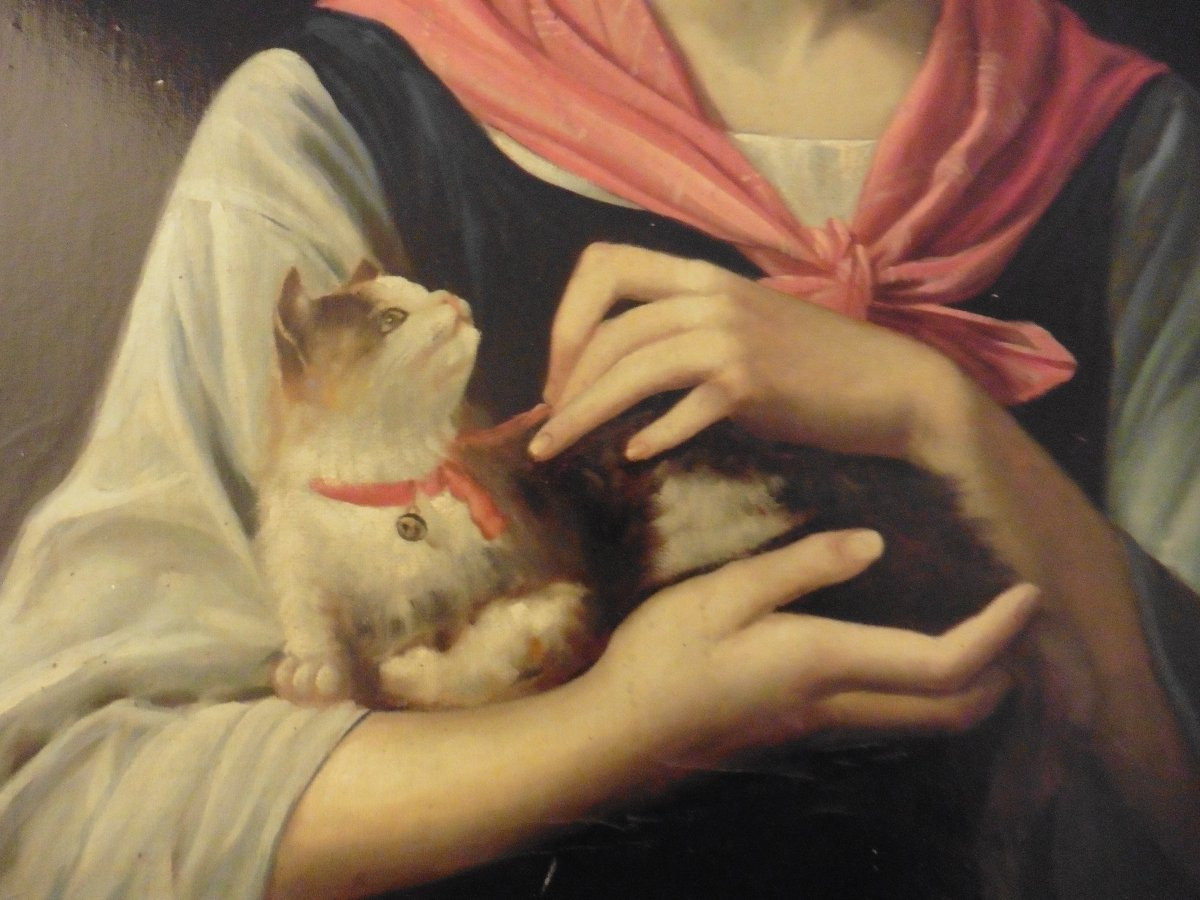 Portrait De Jeune Femme Au Chat Huile Sur Toile Début XXème Siècle-photo-5