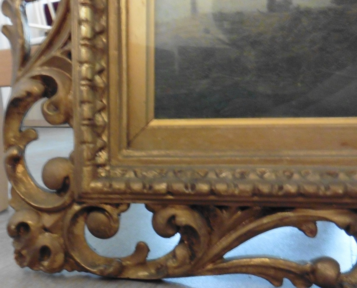 Forest Landscape Sculpted Frame Acanthus Leaves Oil/panel 19th Century-photo-3