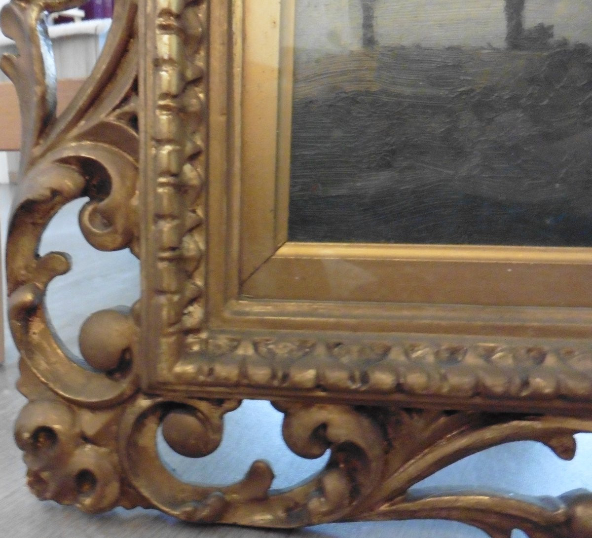 Forest Landscape Sculpted Frame Acanthus Leaves Oil/panel 19th Century-photo-4