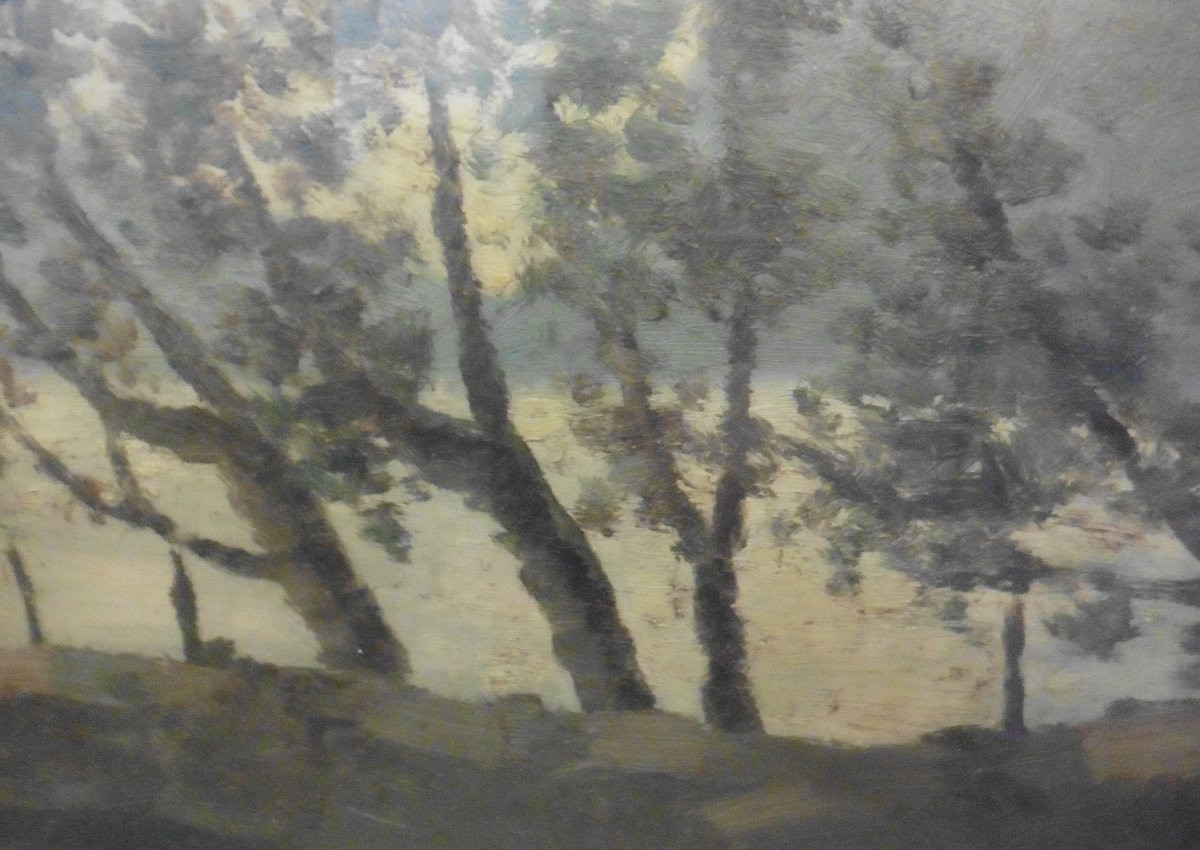 Forest Landscape Sculpted Frame Acanthus Leaves Oil/panel 19th Century-photo-3