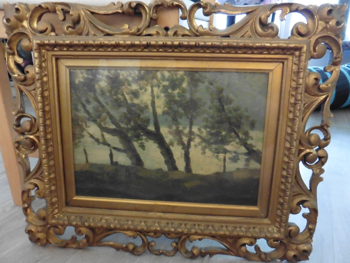 Forest Landscape Sculpted Frame Acanthus Leaves Oil/panel 19th Century