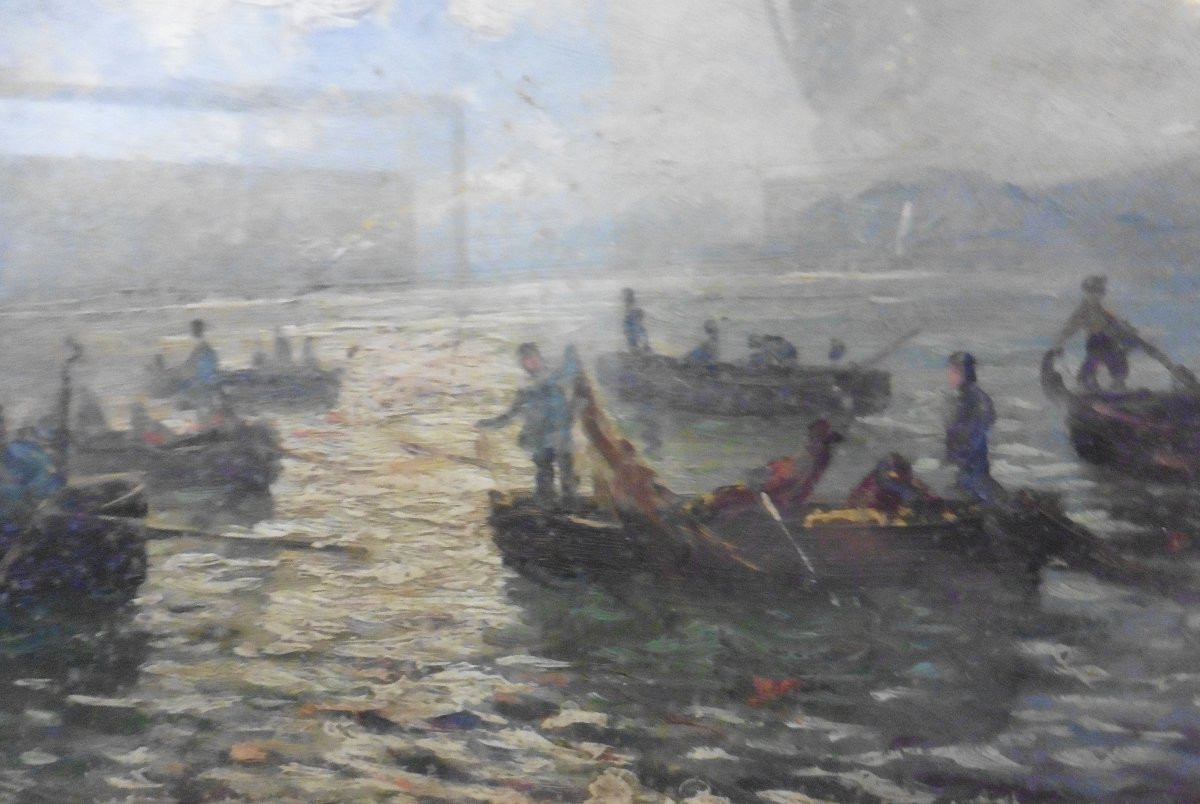 Fausto Pratella Seascape Fishermen Oil/panel 20th Century Signed-photo-4