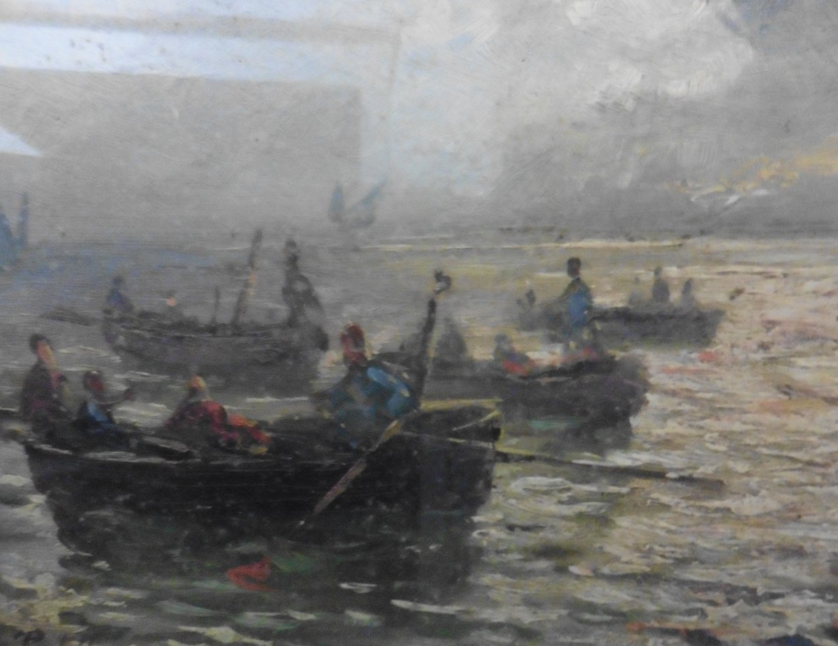 Fausto Pratella Seascape Fishermen Oil/panel 20th Century Signed-photo-2