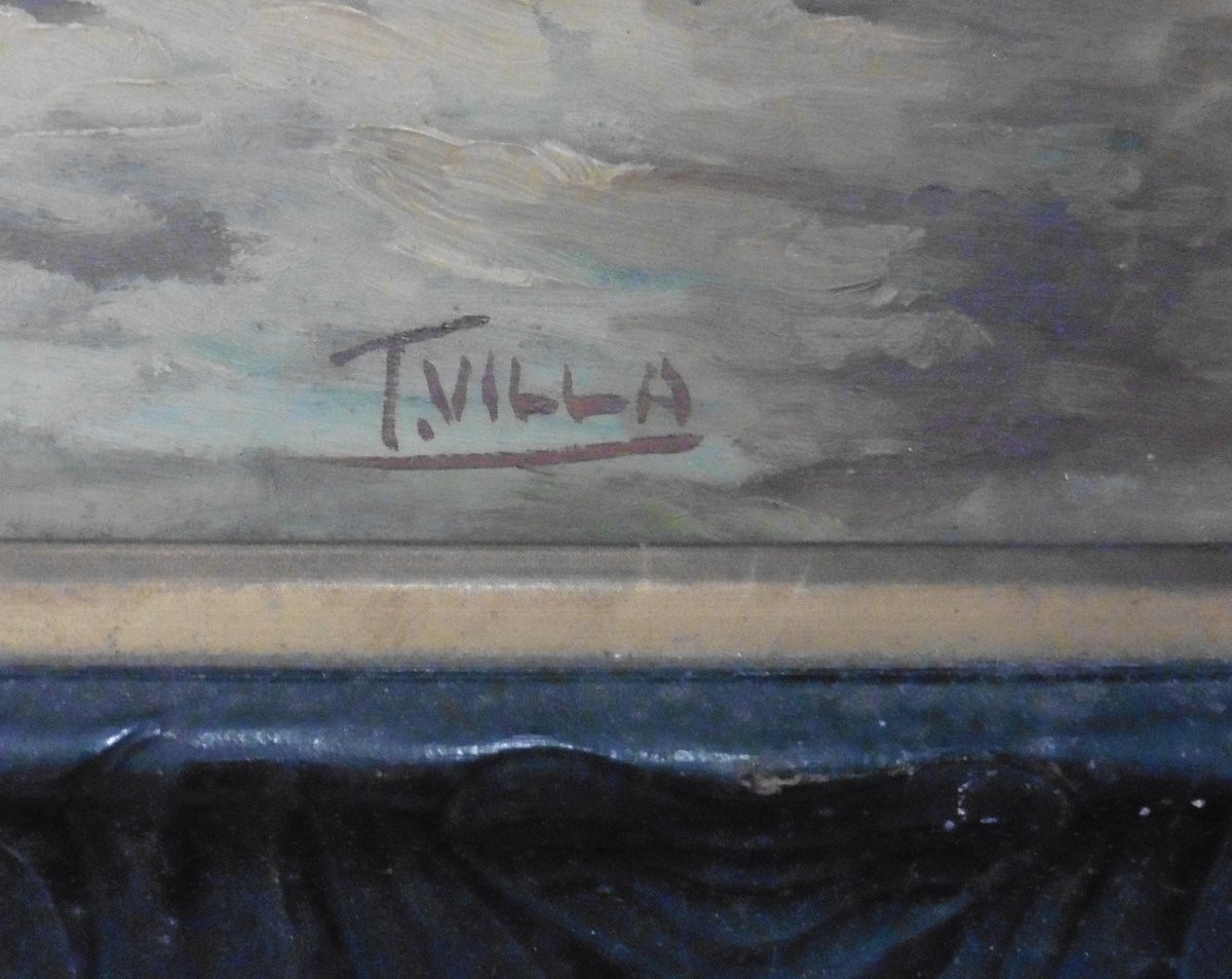 Paysage Rivière Enneigée Signé Villa Huile/Panneau du XIXème siècle-photo-3