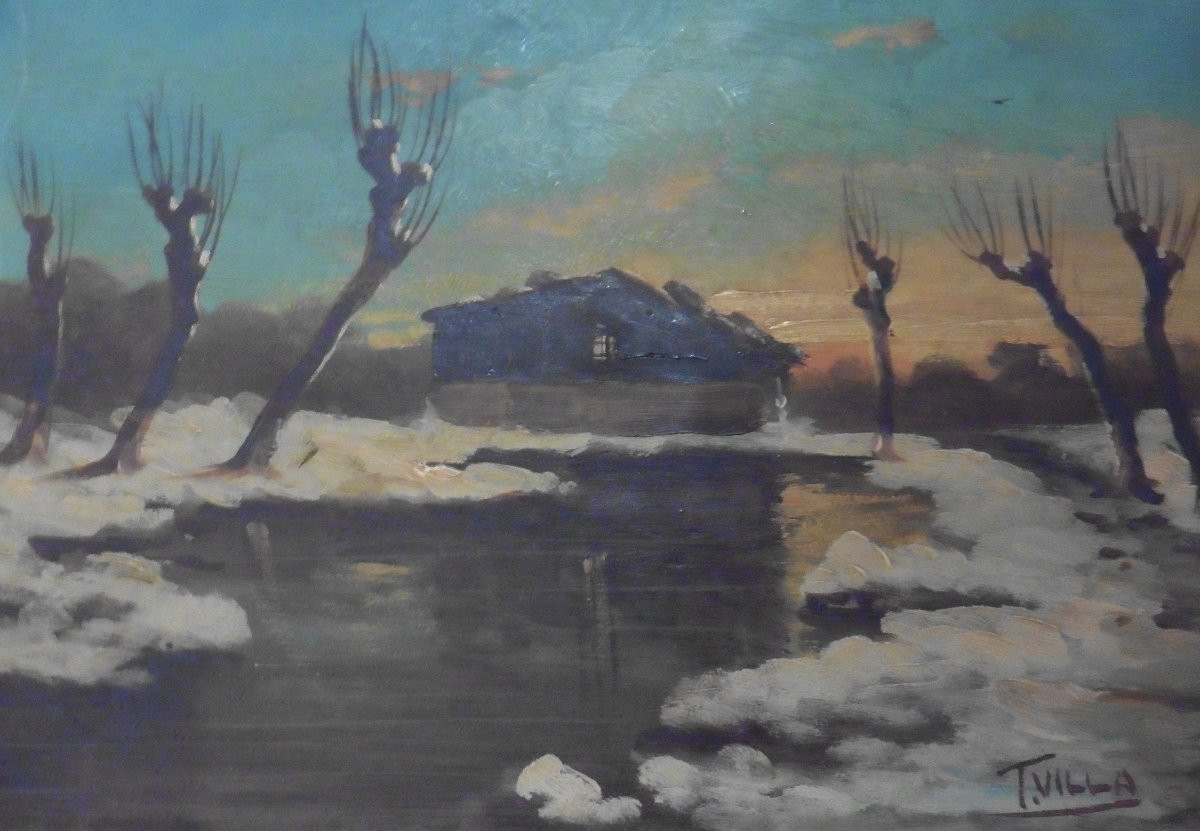 Paysage Rivière Enneigée Signé Villa Huile/Panneau du XIXème siècle-photo-1