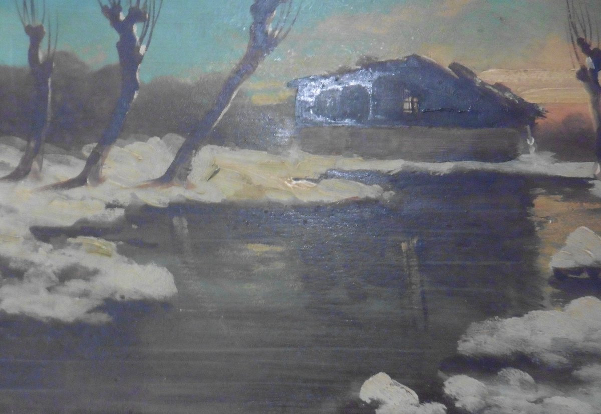 Paysage Rivière Enneigée Signé Villa Huile/Panneau du XIXème siècle-photo-2