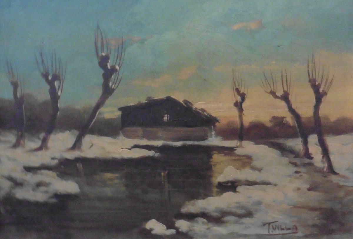 Paysage Rivière Enneigée Signé Villa Huile/Panneau du XIXème siècle-photo-4