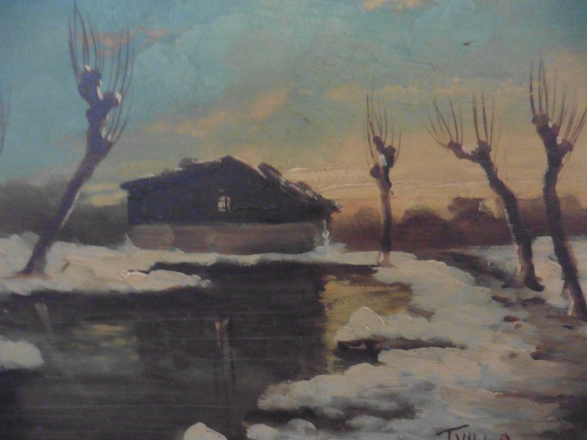 Paysage Rivière Enneigée Signé Villa Huile/Panneau du XIXème siècle-photo-6