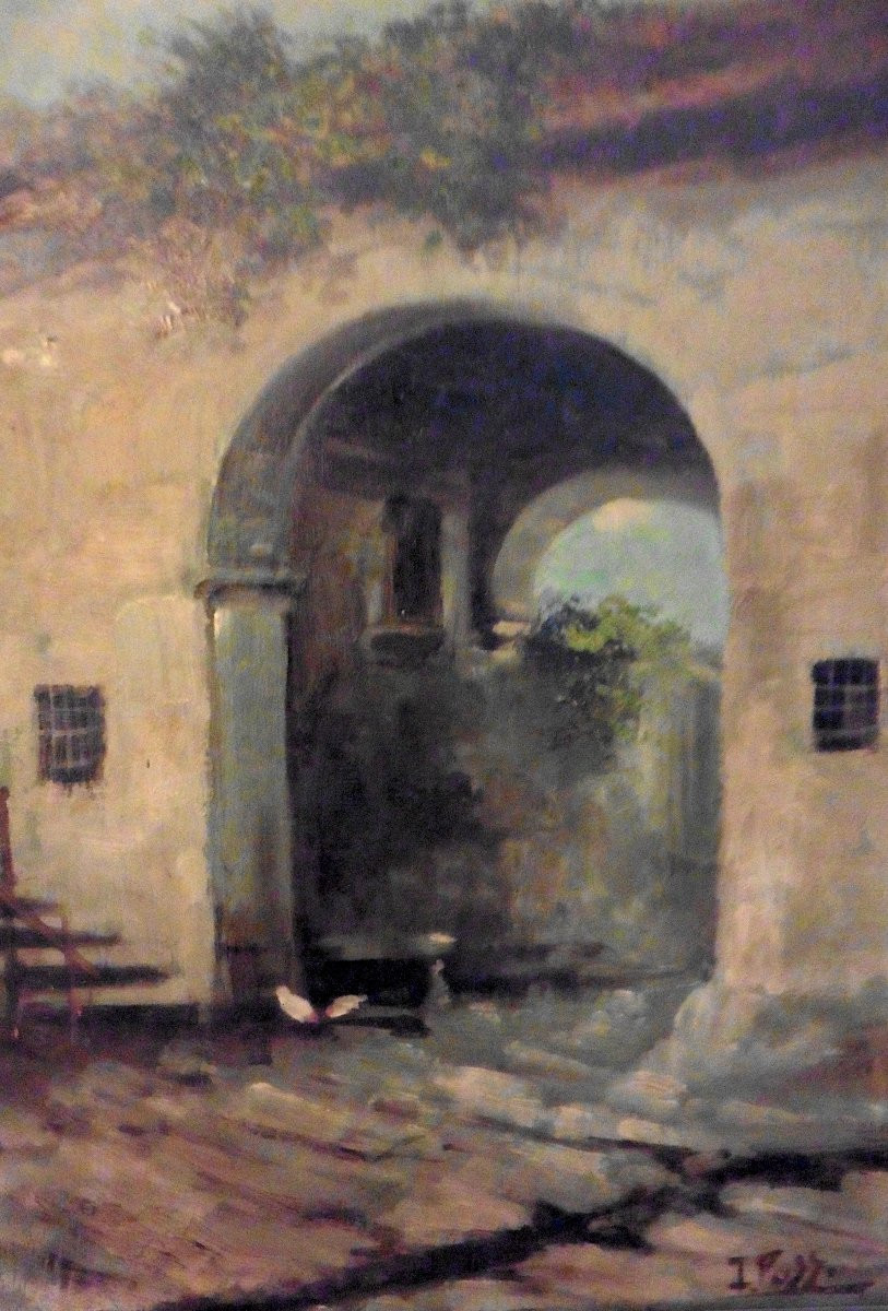 Tableau Paysage Rue à l'Arche Village Signé Possi Huile/Panneau du XIXème siècle-photo-1