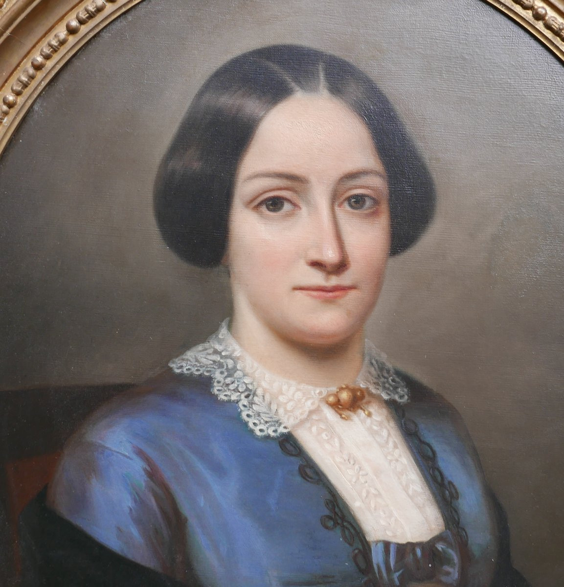 Portrait de Jeune Femme Ovale Epoque Louis Philippe Huile/Toile du XIXème siècle-photo-1