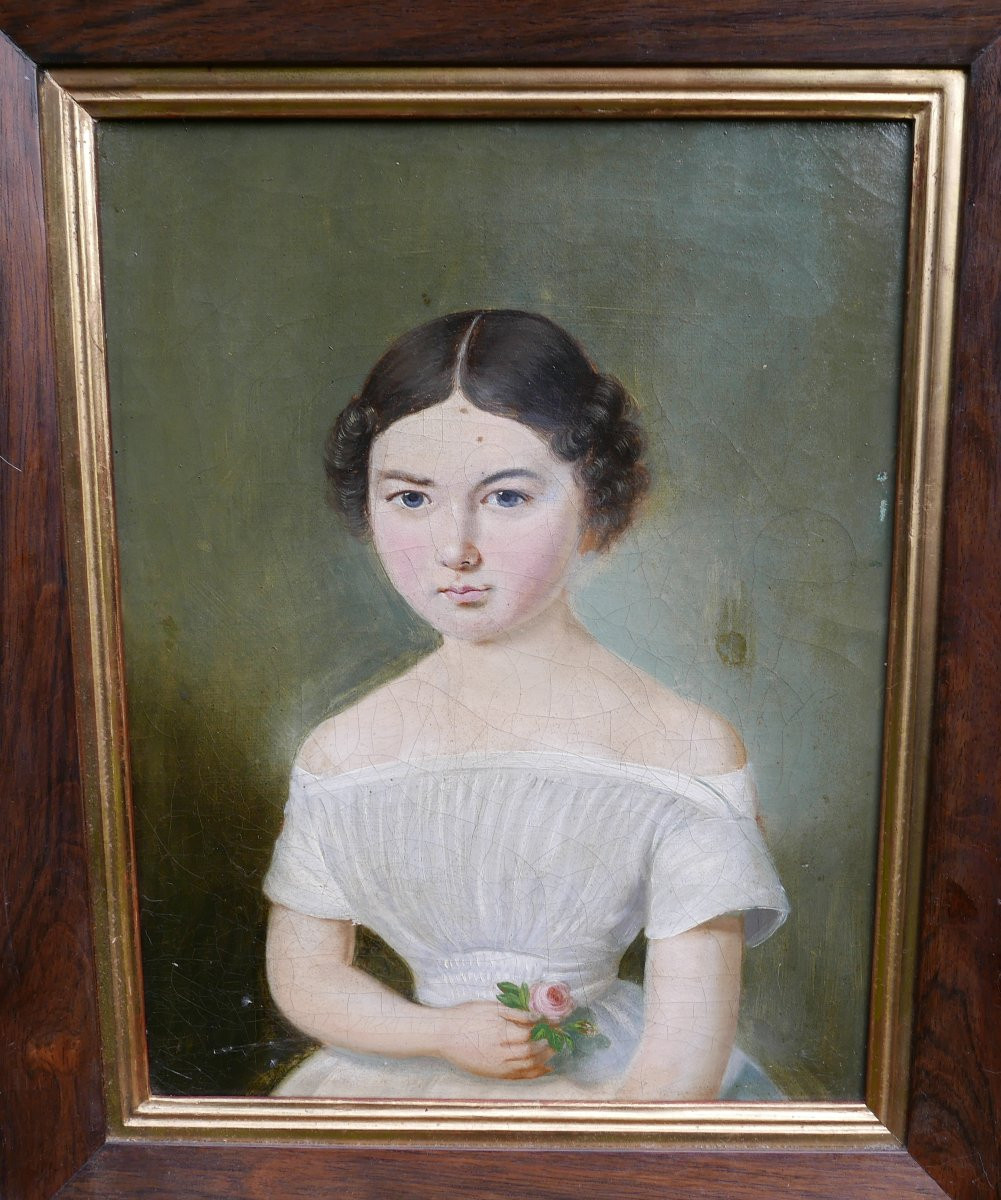 Portrait de Jeune Fille Epoque Louis Philippe Huile/Toile du XIXème siècle-photo-2