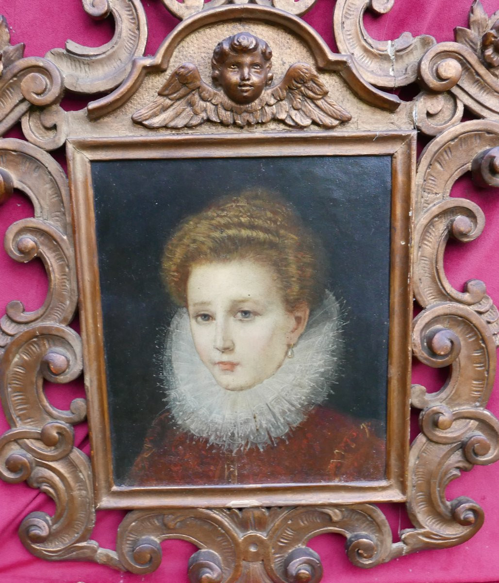 Portrait d'une Jeune Femme Huile/Cuivre début XVIIIème siècle Cadre Sculpté-photo-2
