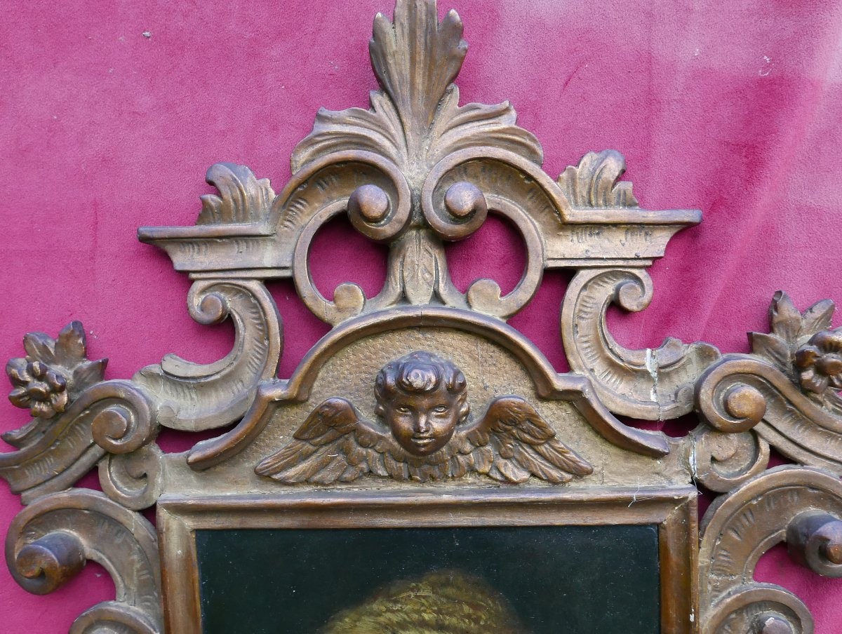 Portrait d'une Jeune Femme Huile/Cuivre début XVIIIème siècle Cadre Sculpté-photo-3