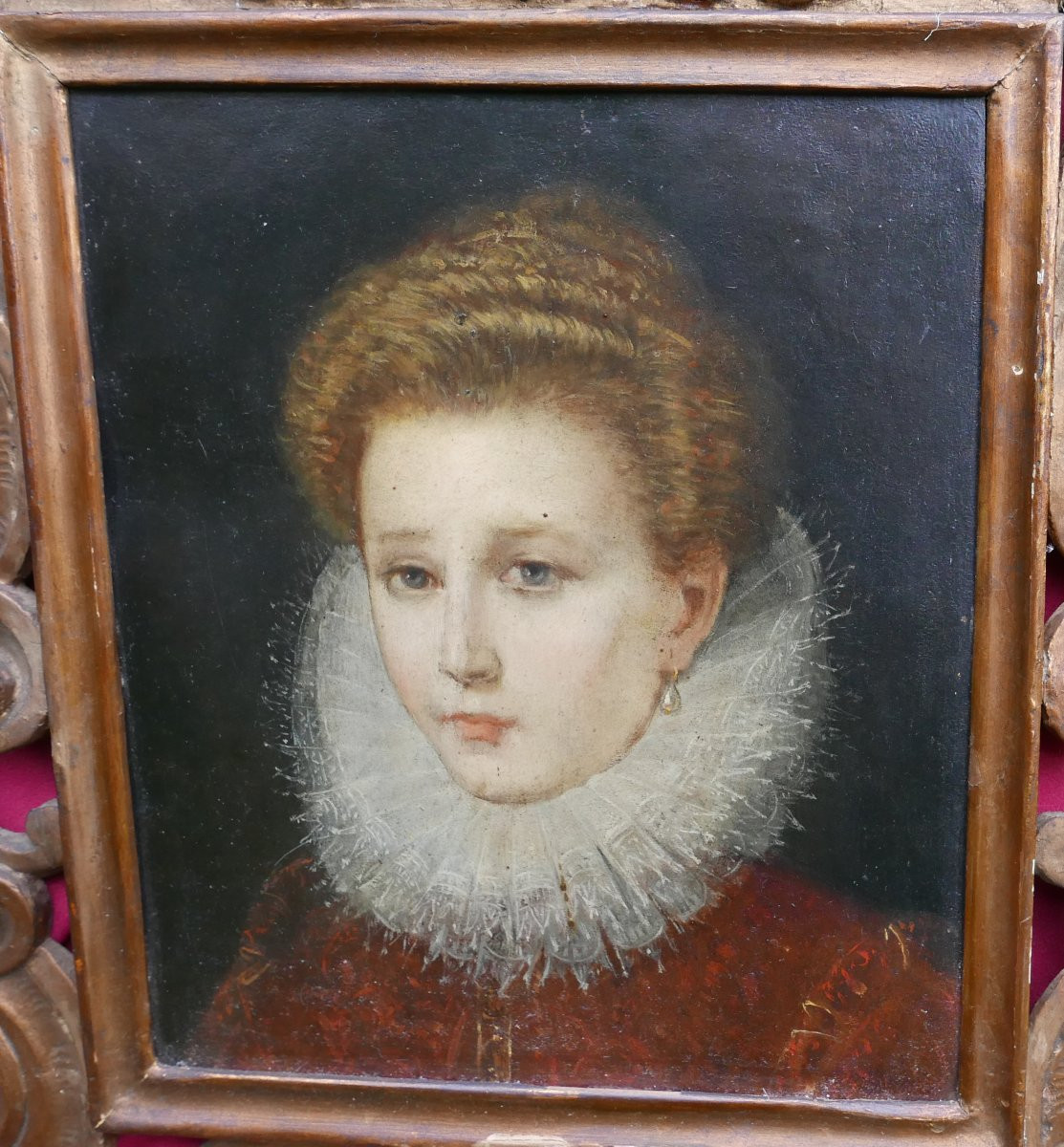 Portrait d'une Jeune Femme Huile/Cuivre début XVIIIème siècle Cadre Sculpté-photo-4