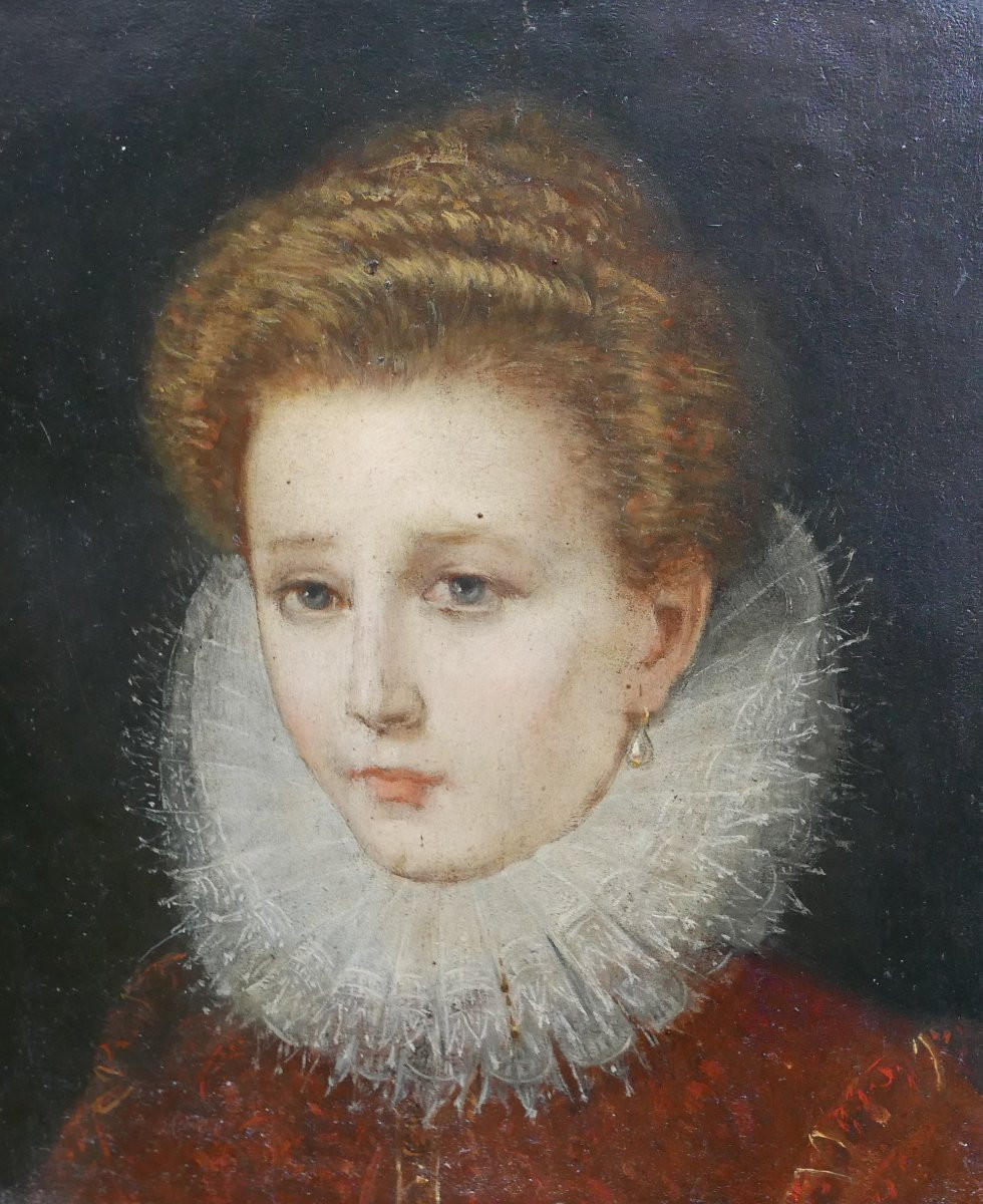 Portrait d'une Jeune Femme Huile/Cuivre début XVIIIème siècle Cadre Sculpté-photo-1