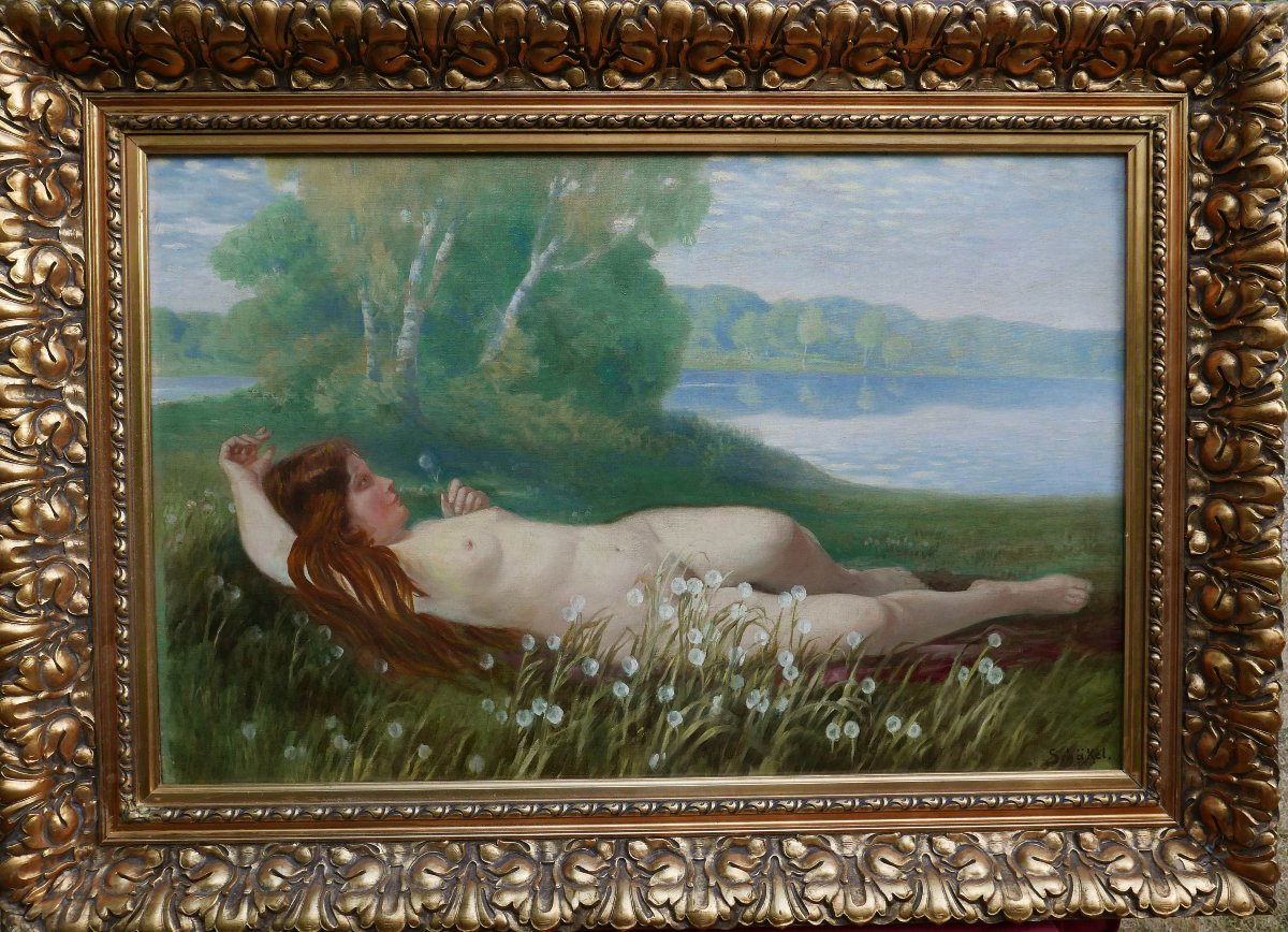 Theodor Schäkel Large Portrait Of A Nude Woman Oil/canvas Late 19th Century-photo-2