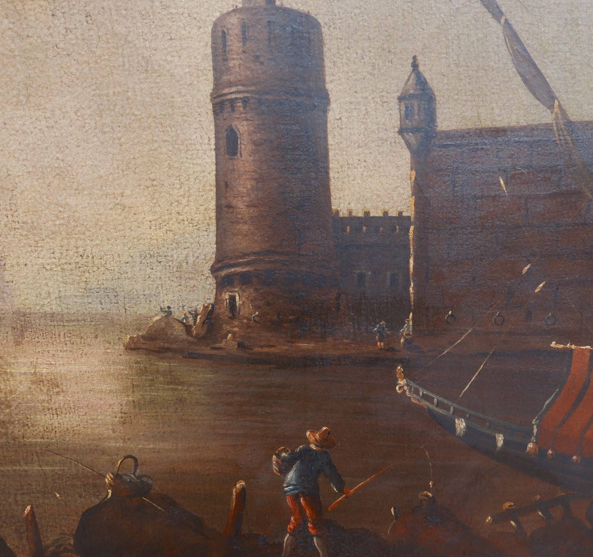 19th Century Oil/canvas Marine Port Scene Painting-photo-4