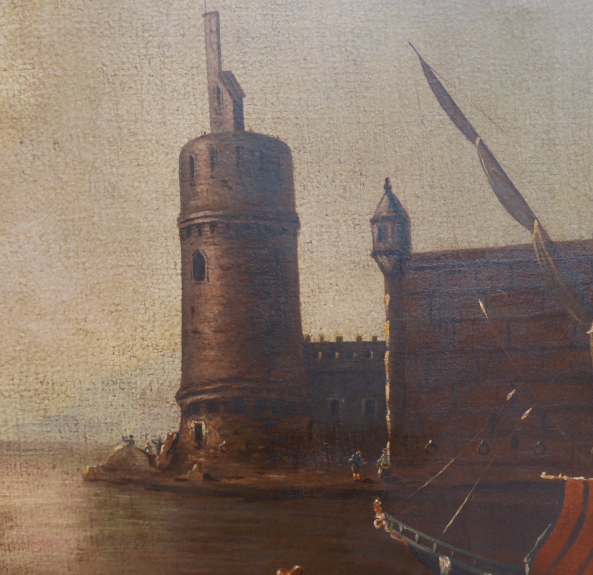 19th Century Oil/canvas Marine Port Scene Painting-photo-2